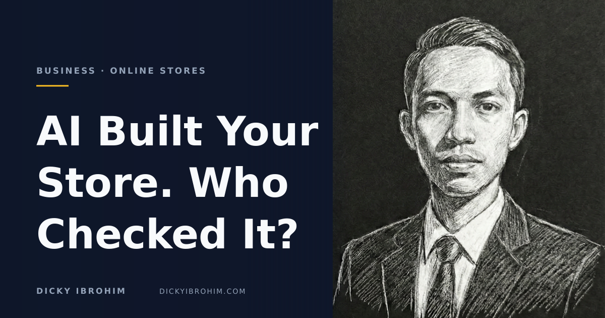 Portrait of Dicky Ibrohim with the text “AI Built Your Store. Who Checked It?”.