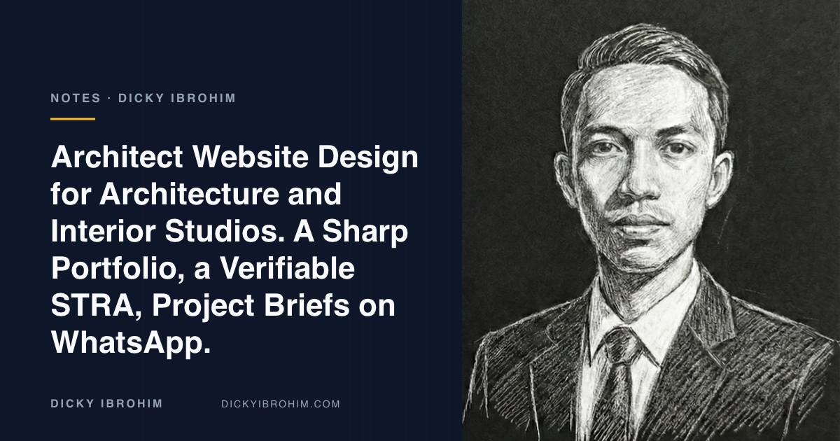 Portrait of Dicky Ibrohim with the text “Architect Website Design for Architecture and Interior Studios. A Sharp Portfolio, a Verifiable STRA, Project Briefs on WhatsApp.”