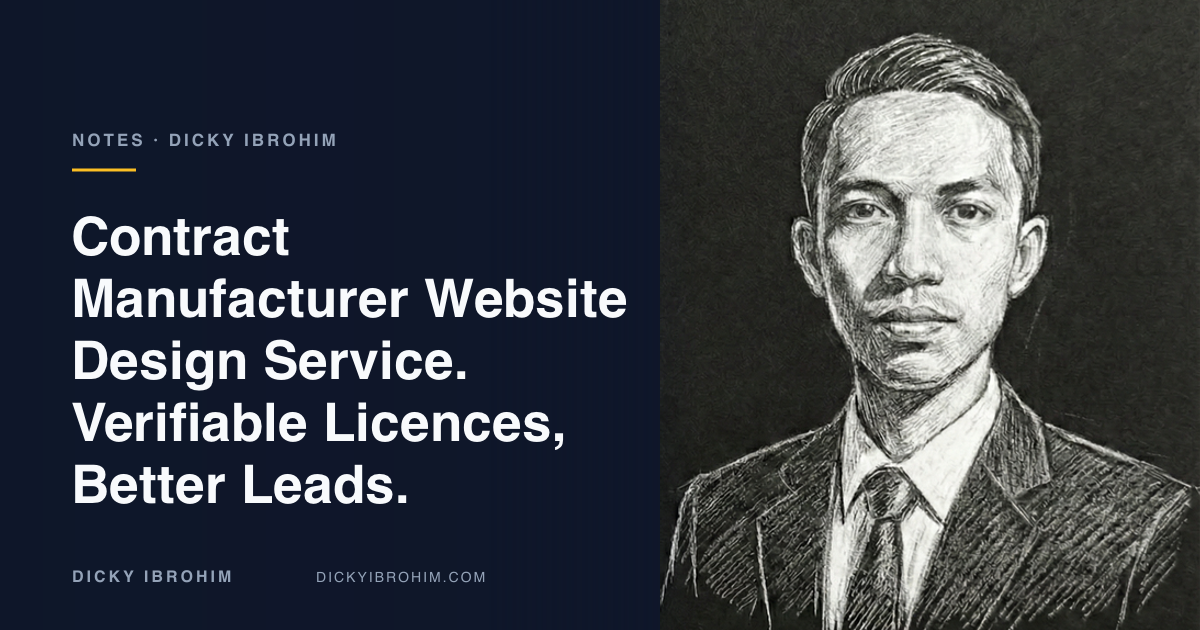 Portrait of Dicky Ibrohim with the text “Contract Manufacturer Website Design Service. Verifiable Licences, Better Leads.”