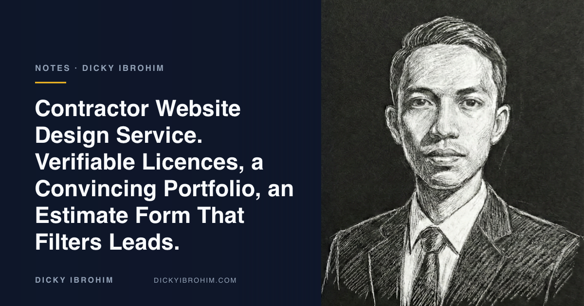 Portrait of Dicky Ibrohim with the text “Contractor Website Design Service. Verifiable Licences, a Convincing Portfolio, an Estimate Form That Filters Leads.”