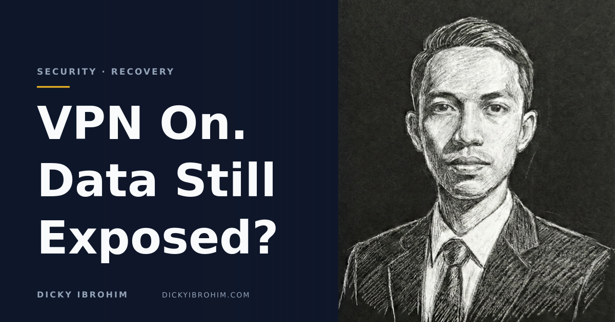 Portrait of Dicky Ibrohim with the text “VPN On. Data Still Exposed?”.