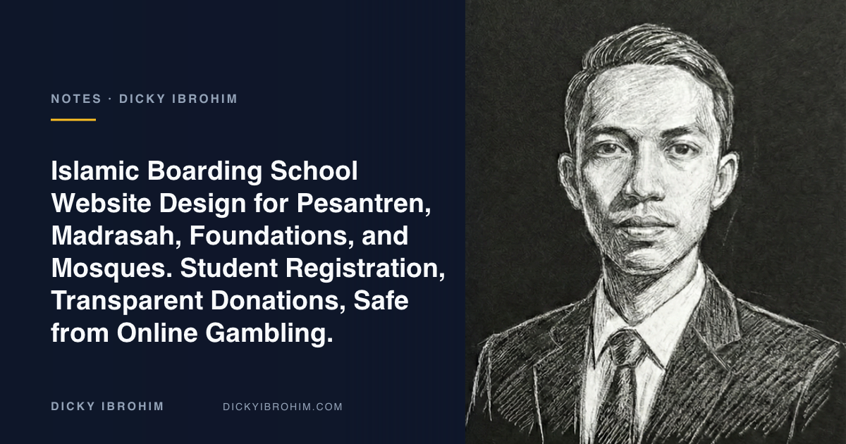 Portrait of Dicky Ibrohim with the text “Islamic Boarding School Website Design for Pesantren, Madrasah, Foundations, and Mosques. Student Registration, Transparent Donations, Safe from Online Gambling.”