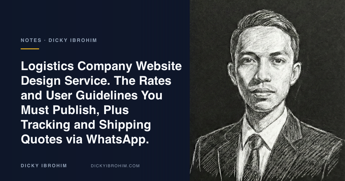 Portrait of Dicky Ibrohim with the text “Logistics Company Website Design Service. The Rates and User Guidelines You Must Publish, Plus Tracking and Shipping Quotes via WhatsApp.”