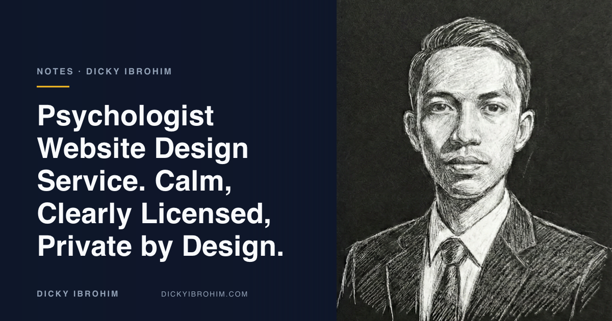 Portrait of Dicky Ibrohim with the text “Psychologist Website Design Service. Calm, Clearly Licensed, Private by Design.”