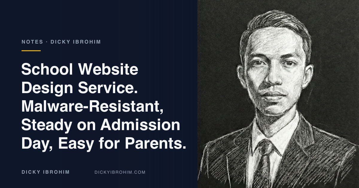 Portrait of Dicky Ibrohim with the text “School Website Design Service. Malware-Resistant, Steady on Admission Day, Easy for Parents.”