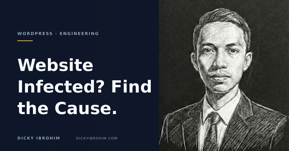Portrait of Dicky Ibrohim with the text “Website Infected? Find the Cause.”.