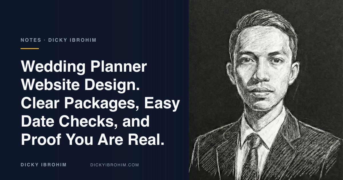 Portrait of Dicky Ibrohim with the text “Wedding Planner Website Design. Clear Packages, Easy Date Checks, and Proof You Are Real.”