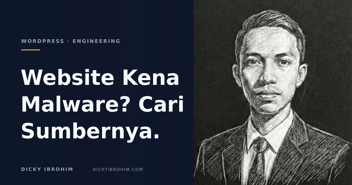 Potret Dicky Ibrohim dengan teks “Website Kena Malware? Cari Sumbernya.”.