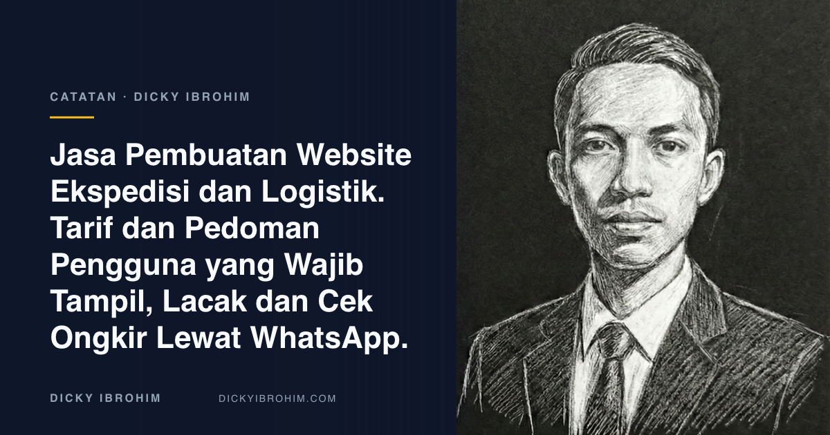 Potret Dicky Ibrohim dengan teks “Jasa Pembuatan Website Ekspedisi dan Logistik. Tarif dan Pedoman Pengguna yang Wajib Tampil, Lacak dan Cek Ongkir Lewat WhatsApp.”
