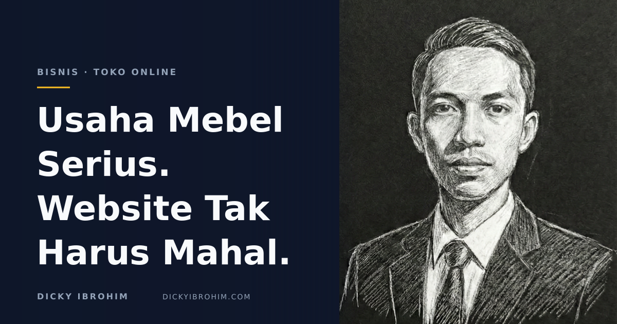 Potret Dicky Ibrohim dengan teks “Usaha Mebel Serius. Website Tak Harus Mahal.”.