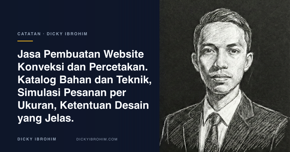Potret Dicky Ibrohim dengan teks “Jasa Pembuatan Website Konveksi dan Percetakan. Katalog Bahan dan Teknik, Simulasi Pesanan per Ukuran, Ketentuan Desain yang Jelas.”