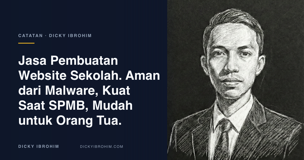 Potret Dicky Ibrohim dengan teks “Jasa Pembuatan Website Sekolah. Aman dari Malware, Kuat Saat SPMB, Mudah untuk Orang Tua.”
