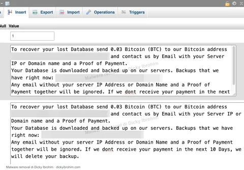 Tampilan database berisi pesan ancaman; alamat pembayaran dan identitas disamarkan.