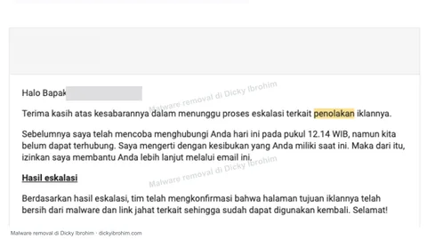 Pemberitahuan peninjauan yang menyatakan halaman tujuan bersih dari malware dan tautan berbahaya, dengan identitas ditutup.