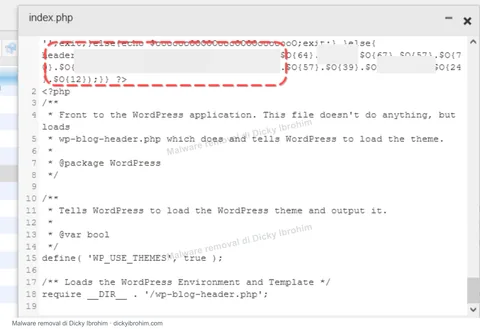 Dokumentasi sisipan kode pada file masuk WordPress dengan bagian sensitif disamarkan.