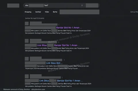 Cuplikan hasil pencarian terdampak spam dengan domain dan nama brand disamarkan.