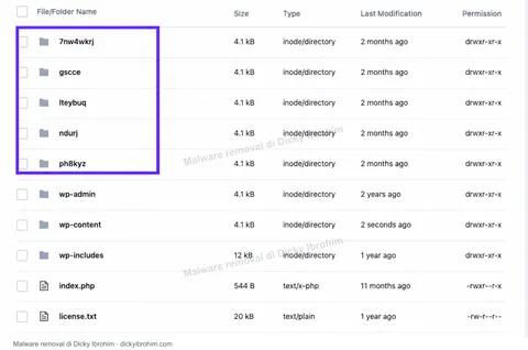 Detail direktori asing yang ditandai pada pengelola file website.