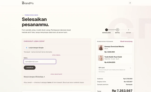 BrandMu checkout example with sign-in options, an email form, and the products in the order.