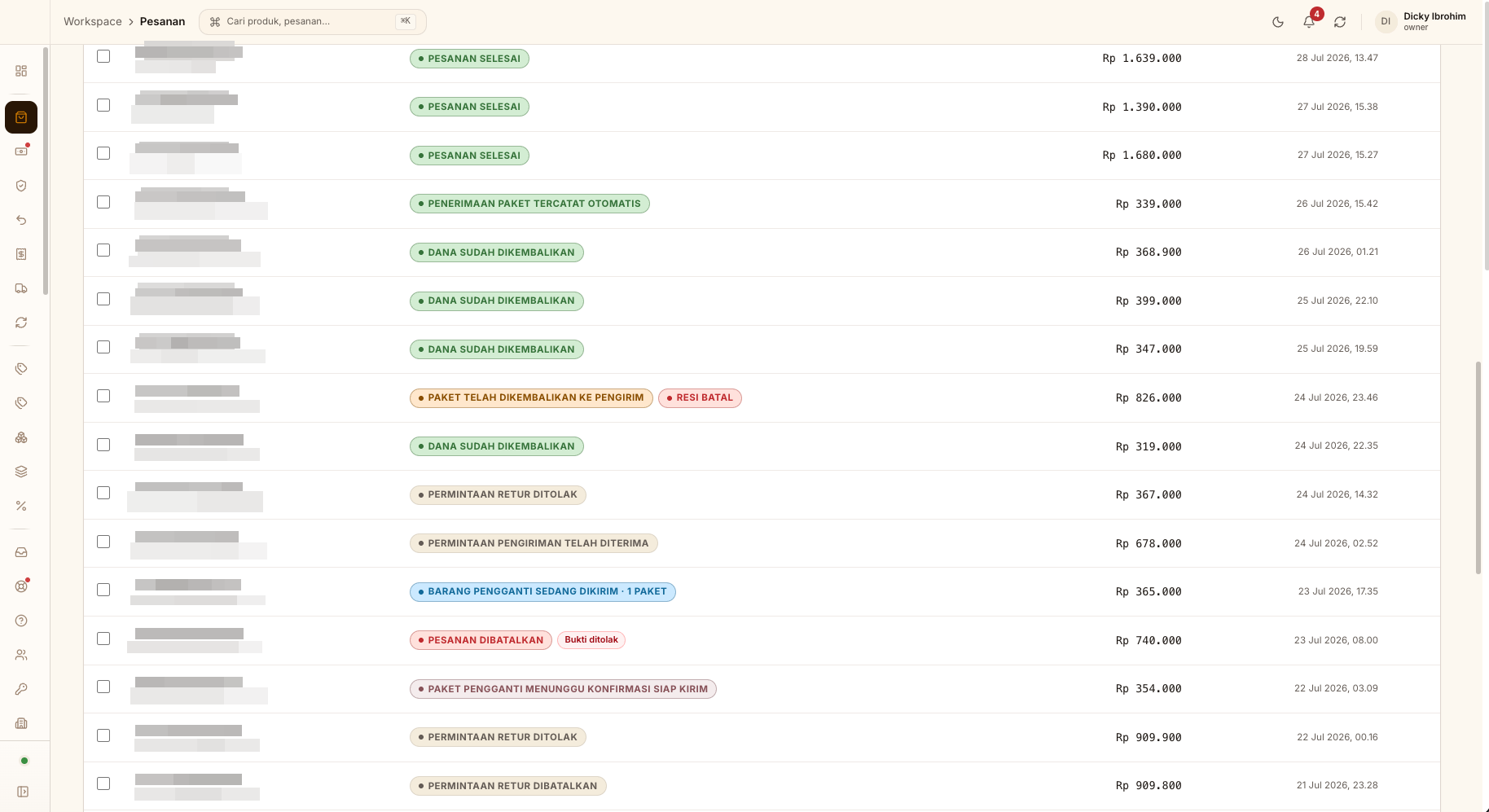 Three original BrandMu statuses: order completed, parcel receipt recorded automatically, and funds refunded.