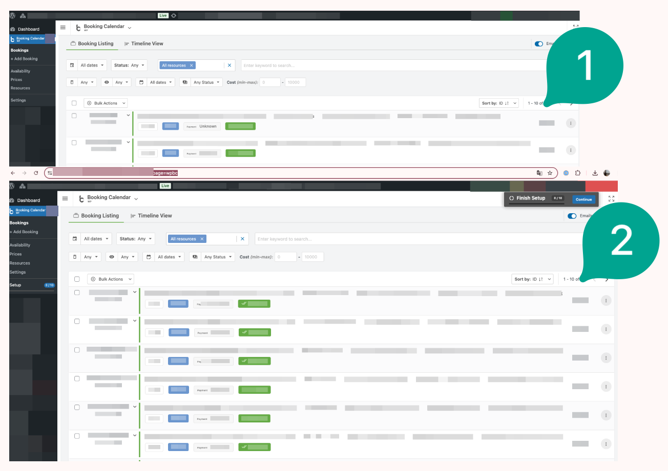 Screenshot yang telah disanitasi untuk publik dan menggambarkan dua dashboard Booking Calendar terpisah sebelum proses merge ke satu site WPML.