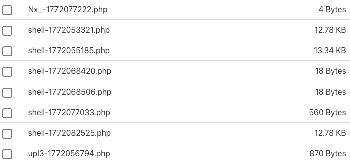 Contoh file shell PHP mencurigakan yang ditemukan di folder uploads WordPress.